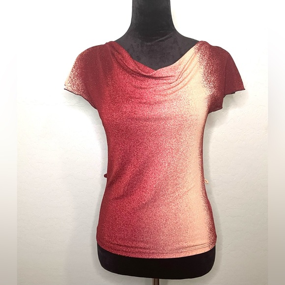 Vintage Toomi Y2K Drape Cowel Neck Top w/ Keyhole Flutter Sleeves Gradient 2000s - Picture 2 of 12